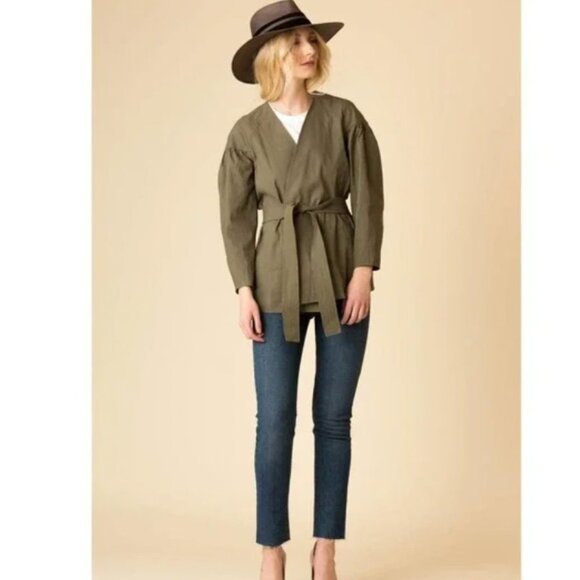 A.L.C. Kendrick Linen Blend Belted Kimono Puff Jacket Olive Green Sz O - Picture 3 of 14